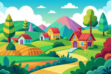 Naklejka premium Colorful Cartoon Style Rural Landscape: Flat Illustration for Children's Book Cover Design