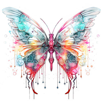 Farbenfroher Fantasy Schmetterling mit leuchtenden Fl&uuml;geln in T&uuml;rkis Rosa und Orange als Aquarellkunst