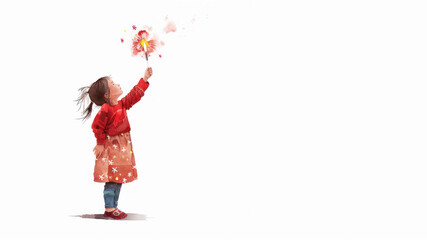 Colorful watercolor of a kid holding firework at new year celebration festival