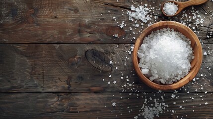 Sea salt presented in a wooden bowl set against the backdrop of an aged wooden table.
