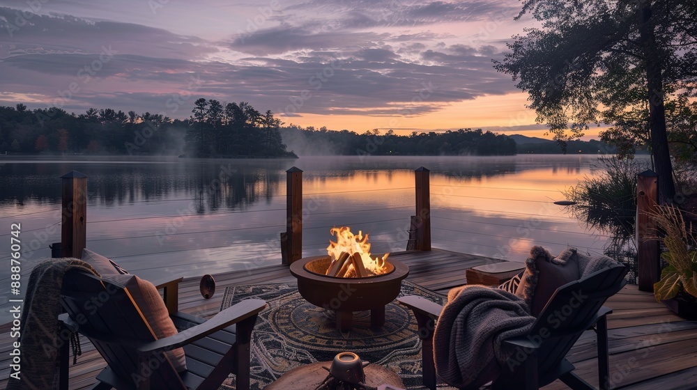 Sticker A cozy scene with a fire pit and two chairs by a lake