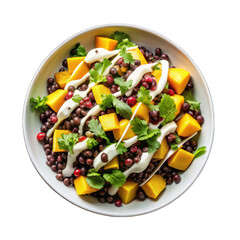 Black lentil salad with mango and tahini dressing top view isolated on transparent background