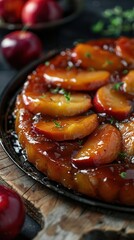 French tarte tatin with caramelized apples, bird's-eye view, copy space available