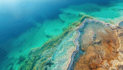 Obraz premium Majestic bird's-eye perspective of the Dead Sea, salt formations, clear water, space for copy