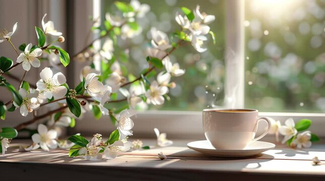 Coffee by the window during spring, creating a refreshing and serene scene with natural light and blooming spring views enhancing th Seamless looping 4k time-lapse virtual video animation Generated AI