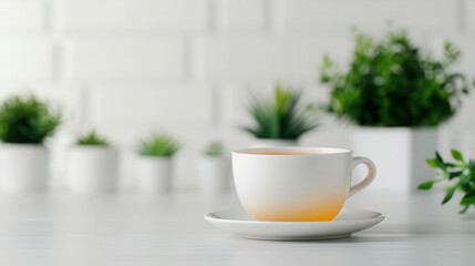 Organic herbal infusion in a teacup, tranquil meditation room, serene ambiance with plants