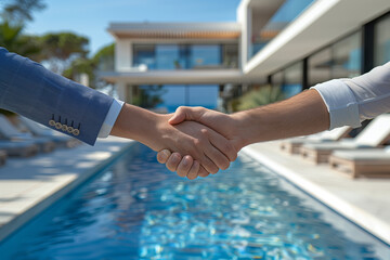 Buyer and seller waring a suit shake hands after selling a villa with a pool by the sea, successful agreement