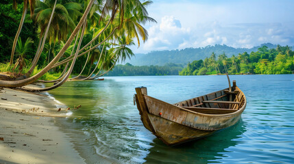 Wooden fishing boat on a beach surrounded by coconut trees. Ai generated Images