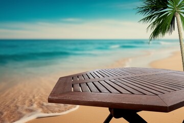 Wooden table with tropical sea landscape background