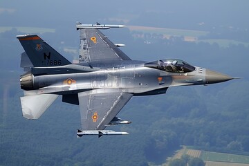 Close up of royal netherlands air force f16 fighter jet in flight for aviation enthusiasts