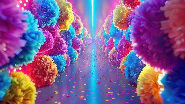Colorful Pom Poms Tunnel With Neon Lights - Powered by Adobe
