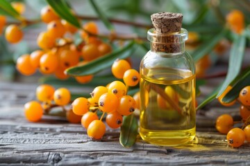 Sea buckthorn essential oil in glass bottle with ripe yellow berries on branch with leaves beauty treatment Spa concept