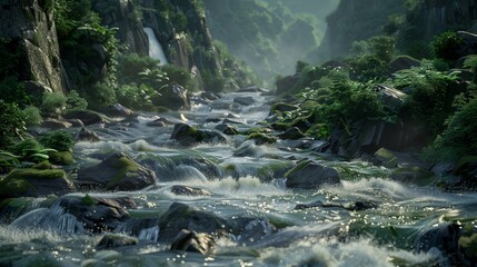 A dynamic scene of river rapids flowing through a rocky canyon
