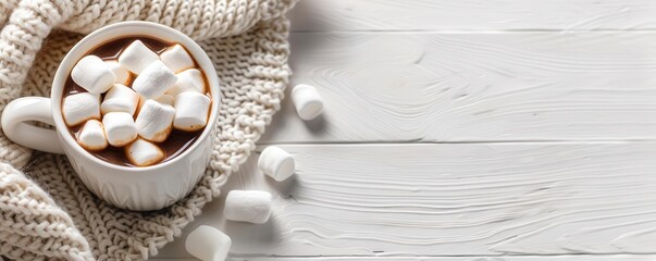 A cozy corner with a fresh cup of hot cocoa, marshmallows, and a soft blanket, winter warmth, inviting and comforting scene
