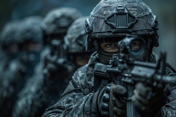 Swat special forces unit in anti terrorism operation on dark background for law and order protection