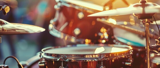 Selective focus drum kit at concert with hi hat cymbals on sunny day close up toned photo