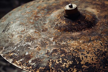 Selective focus on a corroding metal cymbal in close up
