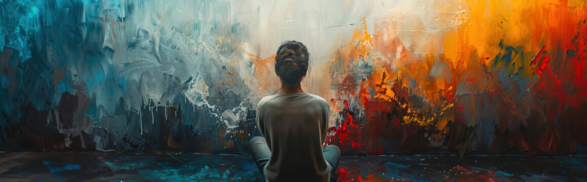 figure surrounded by a vibrant environment yet portrayed in dull, gray tones, illustrating the disconnection from joy and the pervasive numbness of depression