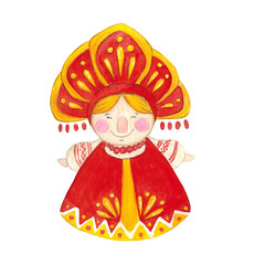 Hand drawn watercolor illustration. Isolated woman in a sundress and kokoshnik. Maslenitsa holiday, Shrovetide, carnival, Maslenitsa, Mardi Gras, Shrove Tuesday, pancake week, Pancake Day