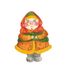 Hand drawn watercolor illustration. Isolate a child with candy. Maslenitsa holiday, Shrovetide, carnival, Maslenitsa, Mardi Gras, Shrove Tuesday, pancake week, Pancake Day