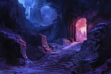 Mysterious ruins of an ancient alien civilization bathed in moonlight