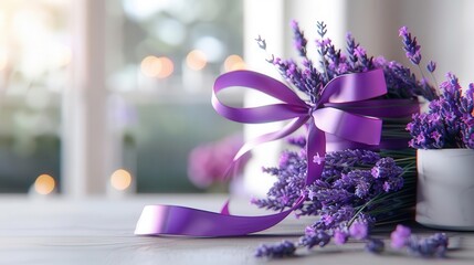 Fresh lavender bundles tied with ribbon, macro shot, intricate wrapping design, soothing floral aroma