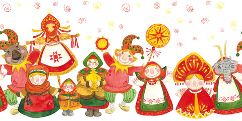 Hand drawn watercolor illustration. Rapport seamless border. Maslenitsa holiday, Shrovetide, carnival, Maslenitsa, Mardi Gras, Shrove Tuesday, pancake week, Pancake Day, costume, outfit, promenade