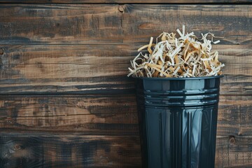Shredded paper in trash can on wood background
