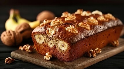 Freshly baked banana bread with walnuts, macro shot, detailed bread texture, warm and nutty aroma