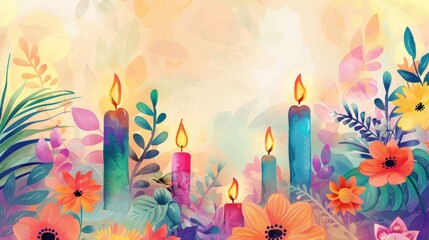 Watercolor illustration of beautiful diwali background with colorful candles.