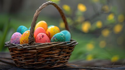 Naklejka premium Colorful Easter Eggs: Basket filled with brightly colored and decorated Easter eggs. 