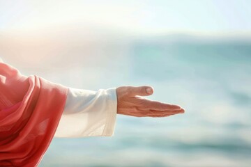 Jesus Christ's hands reach out over a calm lake or river, a tranquil, peaceful environment. Hands of Salvation.  Religious and Spirituality concepts.