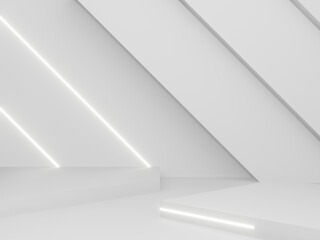 3D White Sci-Fi background. White room with neon lights.