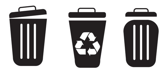 Trash bin in different style icons. Recycle bin vector illustration.