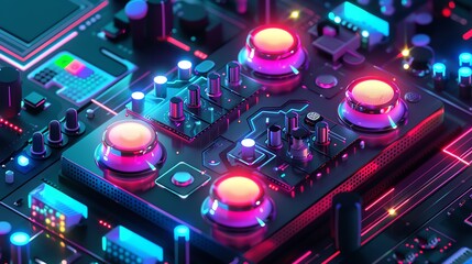 Fototapeta premium Futuristic circuit board with glowing electronic components, showcasing vibrant neon colors and intricate details.