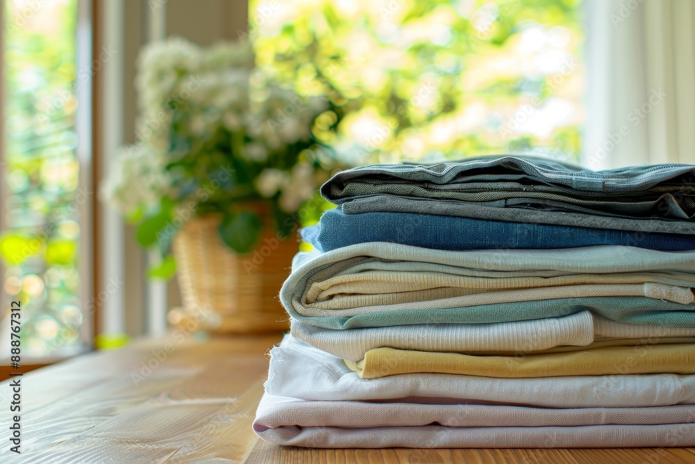 Sticker Stacked clean cotton clothes indoors on a table