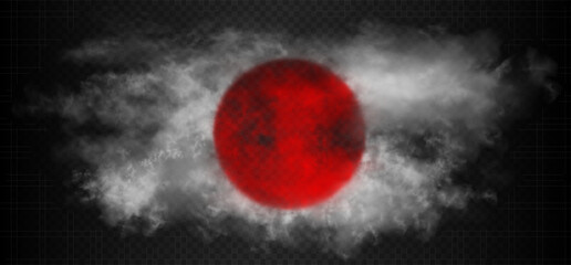 Smoke in a shape and colors of Japan flag. Beautiful vector realistic white fog cloud with red circle in the middle