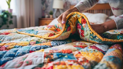 Folding a Quilt Hands folding a large colorful quilt