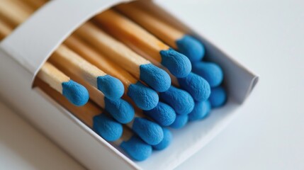 Naklejka premium Matches with blue tipped wooden sticks in unmarked white matchbook on plain backdrop