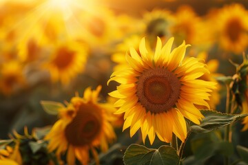 Obraz premium Stunning sunset view of blooming sunflower field Summer landscape with vibrant flowers and golden light Harvest concept