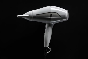 Stylish white ionic hair dryer on black background Modern hair care tool