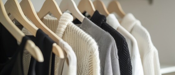 Stylist outfits in neutral colors with white black beige White wardrobe wooden hangers