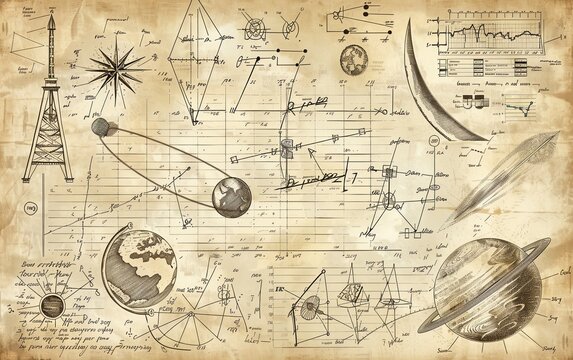 engraved hand drawn in old sketch and vintage style. scientific formulas and calculations in physics and mathematics, chemistry and biology or astronomy on whiteboard. Education and Science.