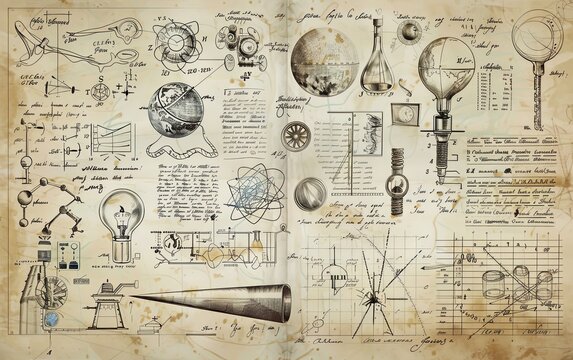 engraved hand drawn in old sketch and vintage style. scientific formulas and calculations in physics and mathematics, chemistry and biology or astronomy on whiteboard. Education and Science.