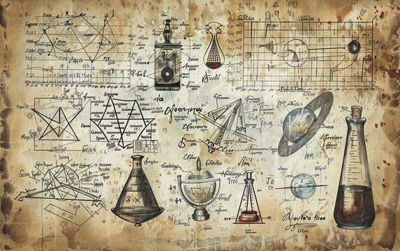 engraved hand drawn in old sketch and vintage style. scientific formulas and calculations in physics and mathematics, chemistry and biology or astronomy on whiteboard. Education and Science.