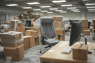 Professional office interior cluttered with moving boxes, wrapped chairs, and plastic-covered furniture during relocation of work station, capturing the setting in a new home.