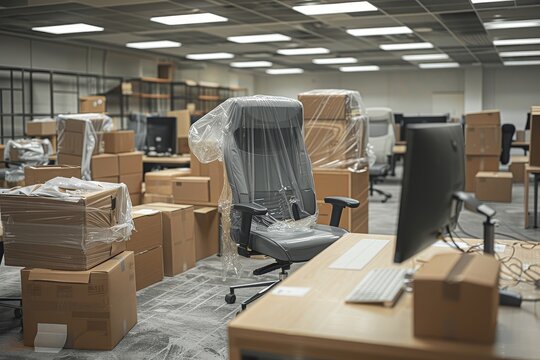 Professional office interior cluttered with moving boxes, wrapped chairs, and plastic-covered furniture during relocation of work station, capturing the setting in a new home.
