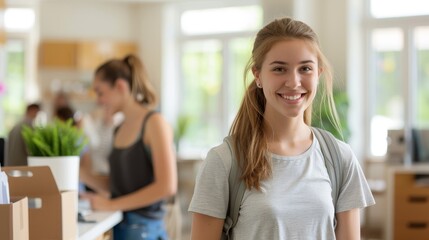 A family unpacking and setting up a dorm room, arranging furniture and decorations to reflect the studentâ€™s personality and style, making it a home away from home