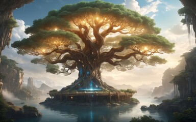 A mytical glowing tree with a river in the background