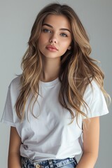 Fototapeta premium White tshirt mockup on woman model created with Generative AI